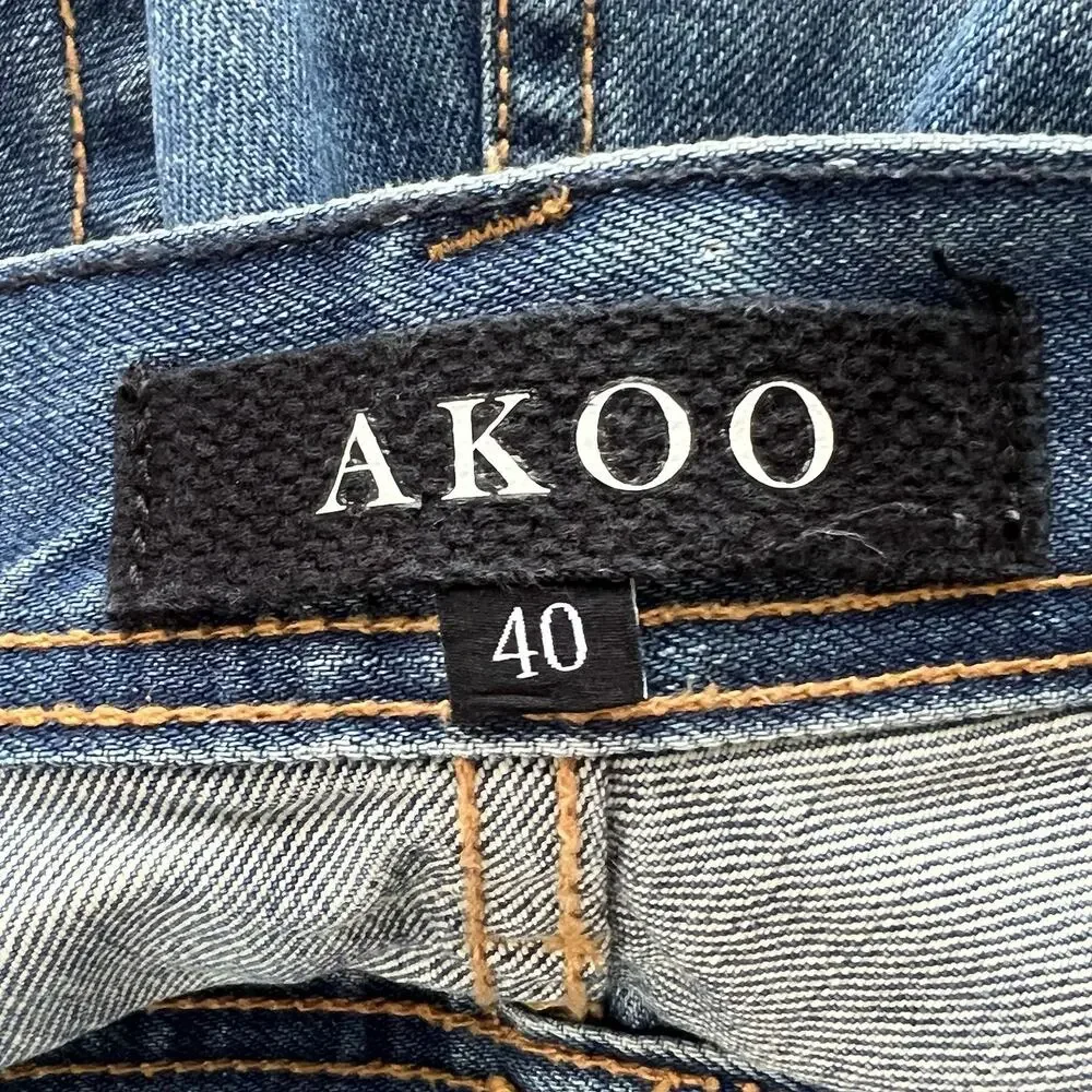 AKOO Jeans Mens 40/34 Blue Paint Splatter Distressed No Rivals Patch Big Oak Fit